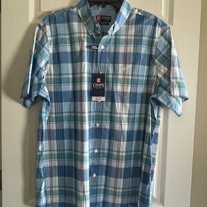Chaps Blue and Green Plaid Short-Sleeve Button-Down Shirt